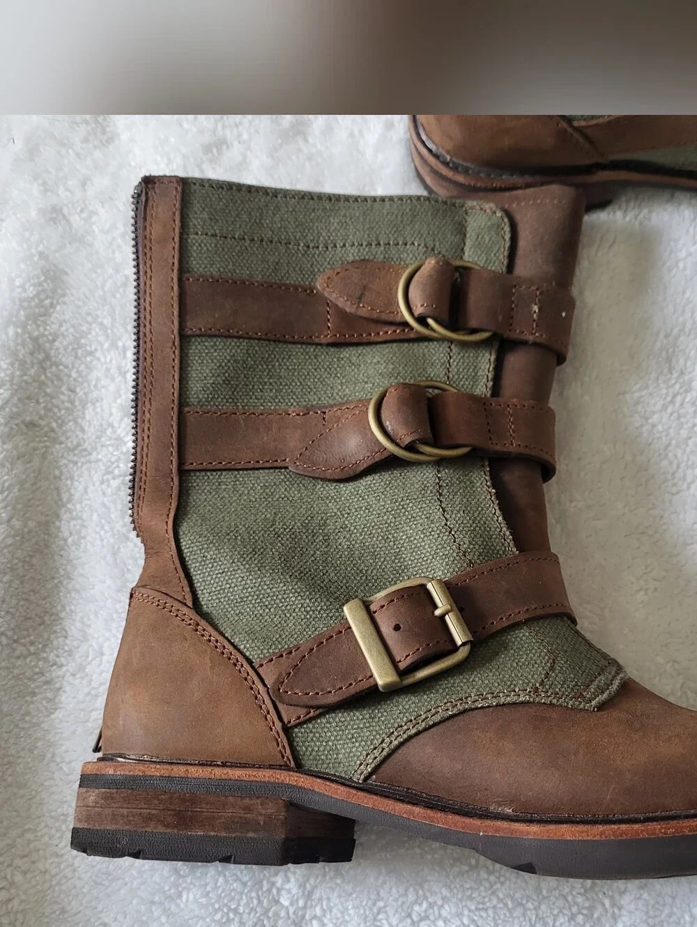 Brown Leather and Olive Canvas Buckle Boots